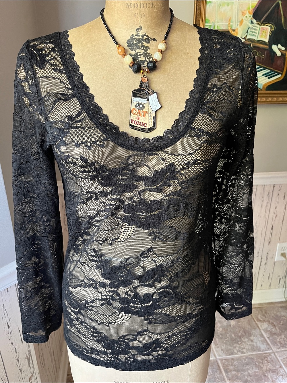 A Rate Bird Black Sheer Lace Long-Sleeve Top sm/md new